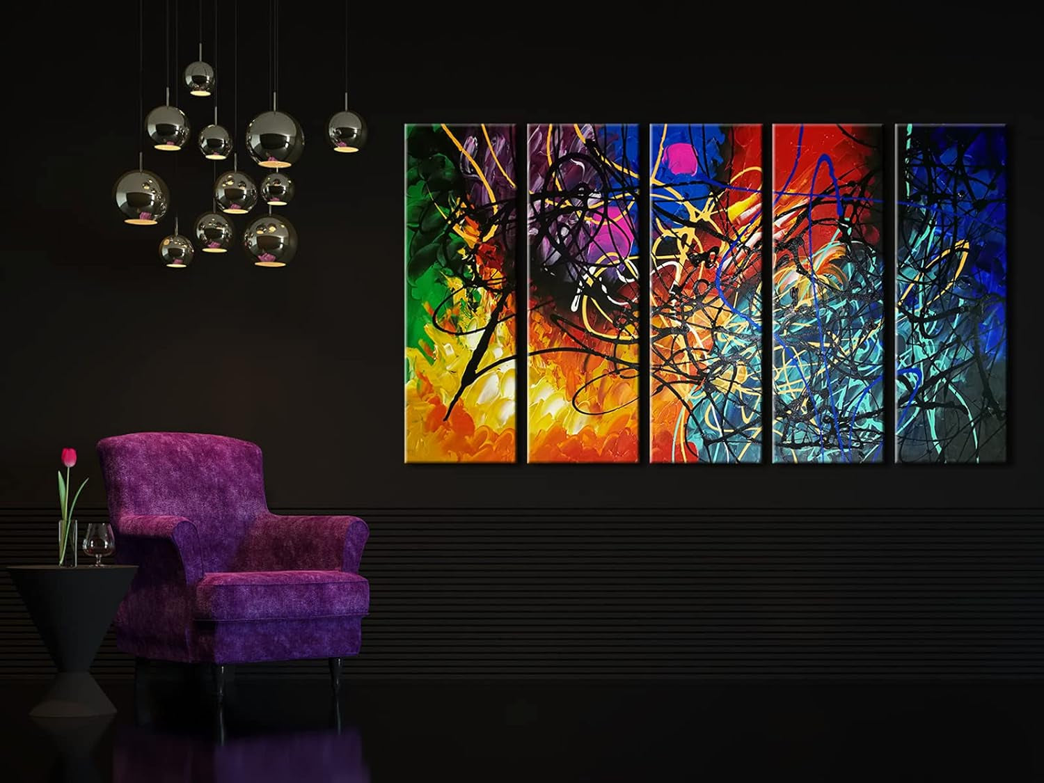 Five Panel Abstract Heart Canvas Wall Art Extra Large-2