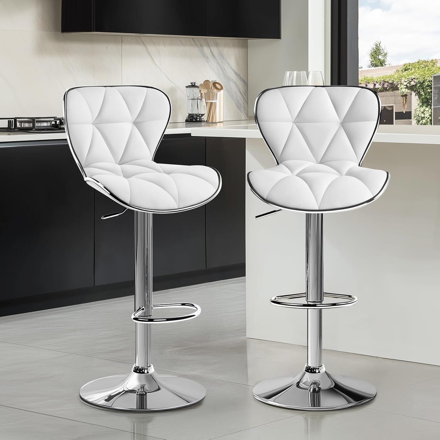 Bar Stools Set Of 2 White PU Leather Adjustable Swivel-1