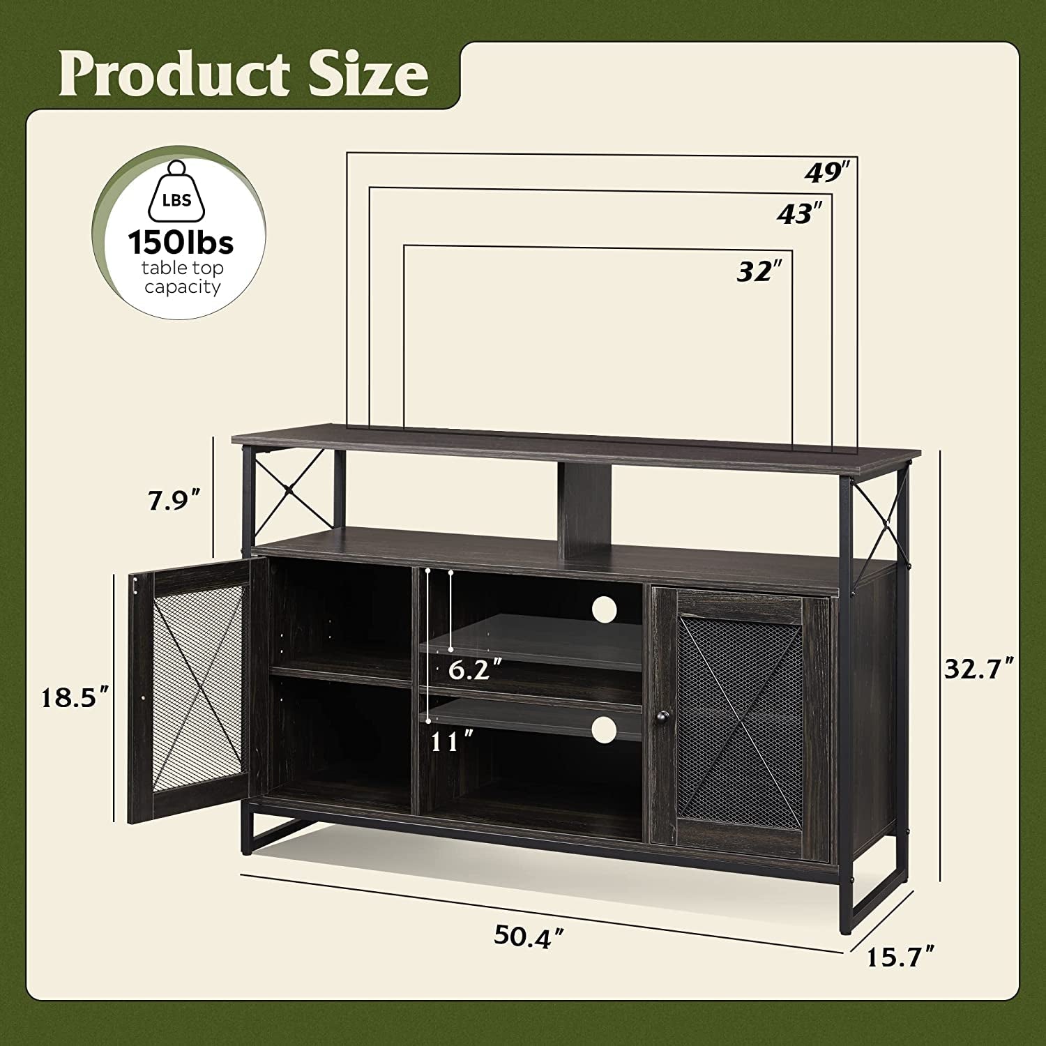 55 Inch TV Stand with Storage, Industrial Farmhouse Style-3