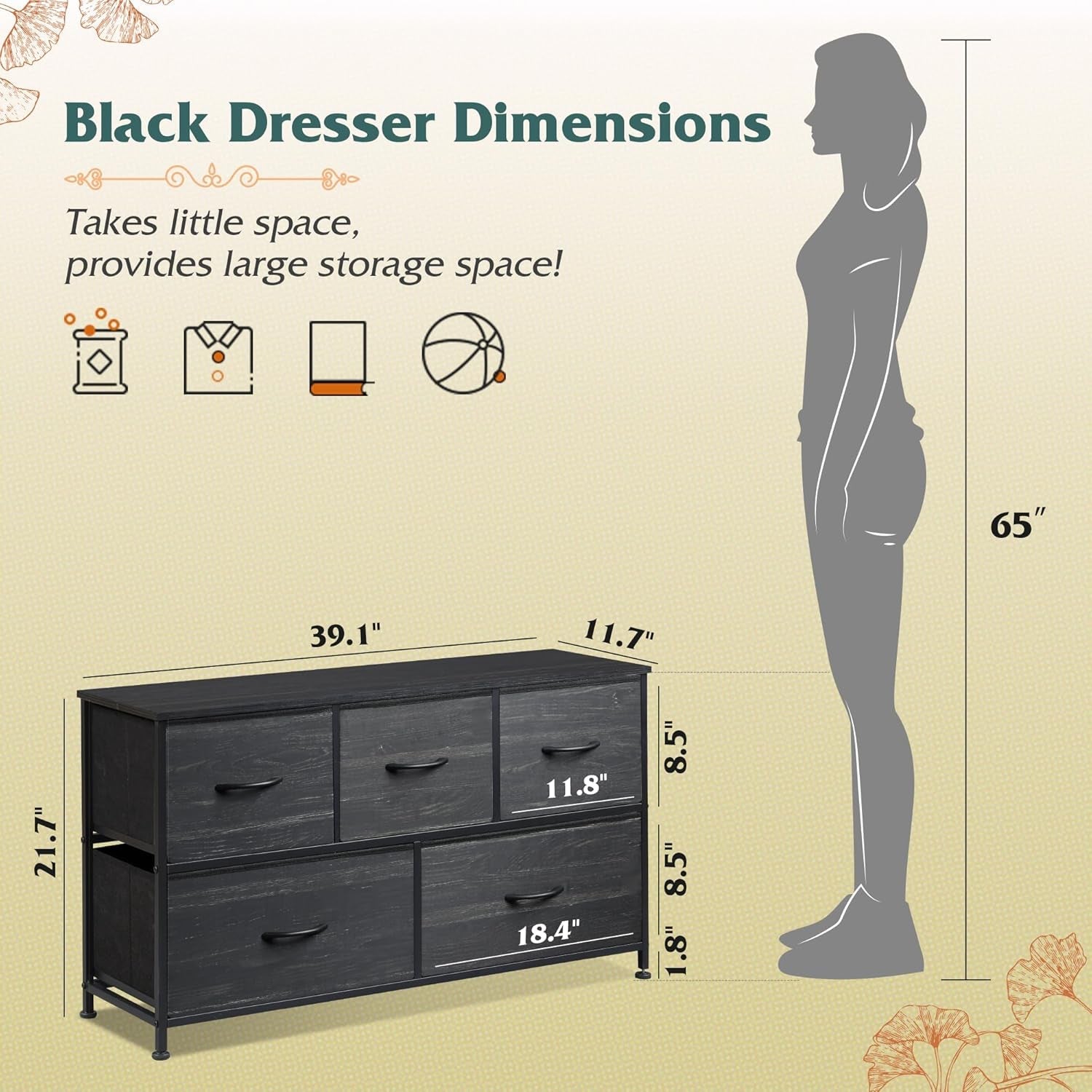 Charcoal Black Wood Grain Dresser With 5 Drawers And Fabric Bins-2