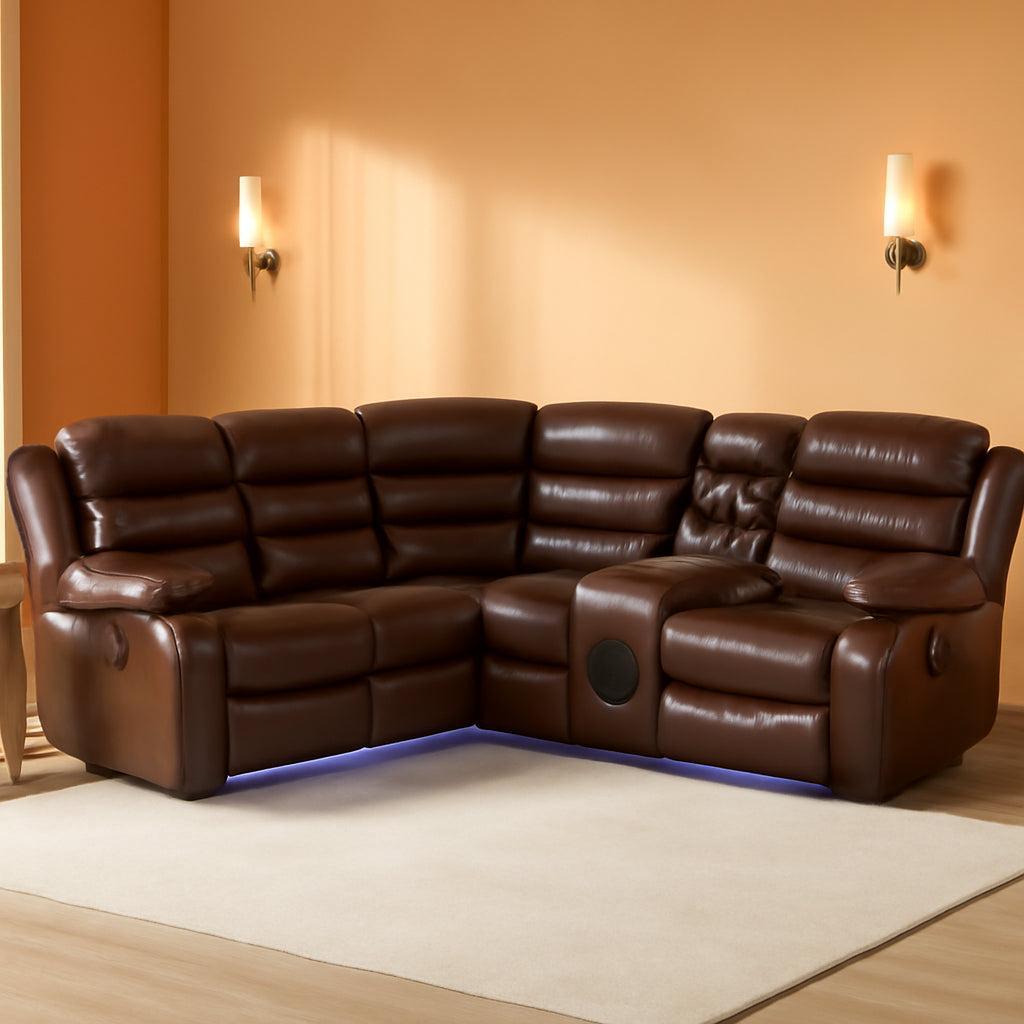 Brown PU Leather Reclining Sectional Sofa USB Chargers-0