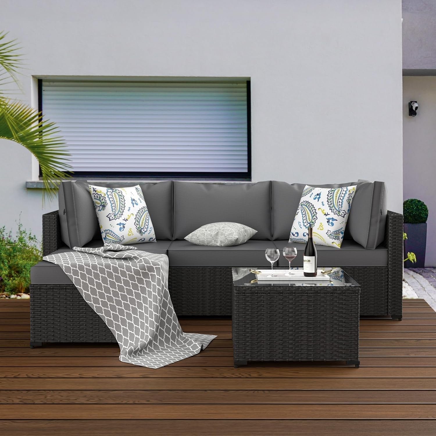 5 Piece Patio Furniture Set Waterproof Rattan Grey Cushions-1