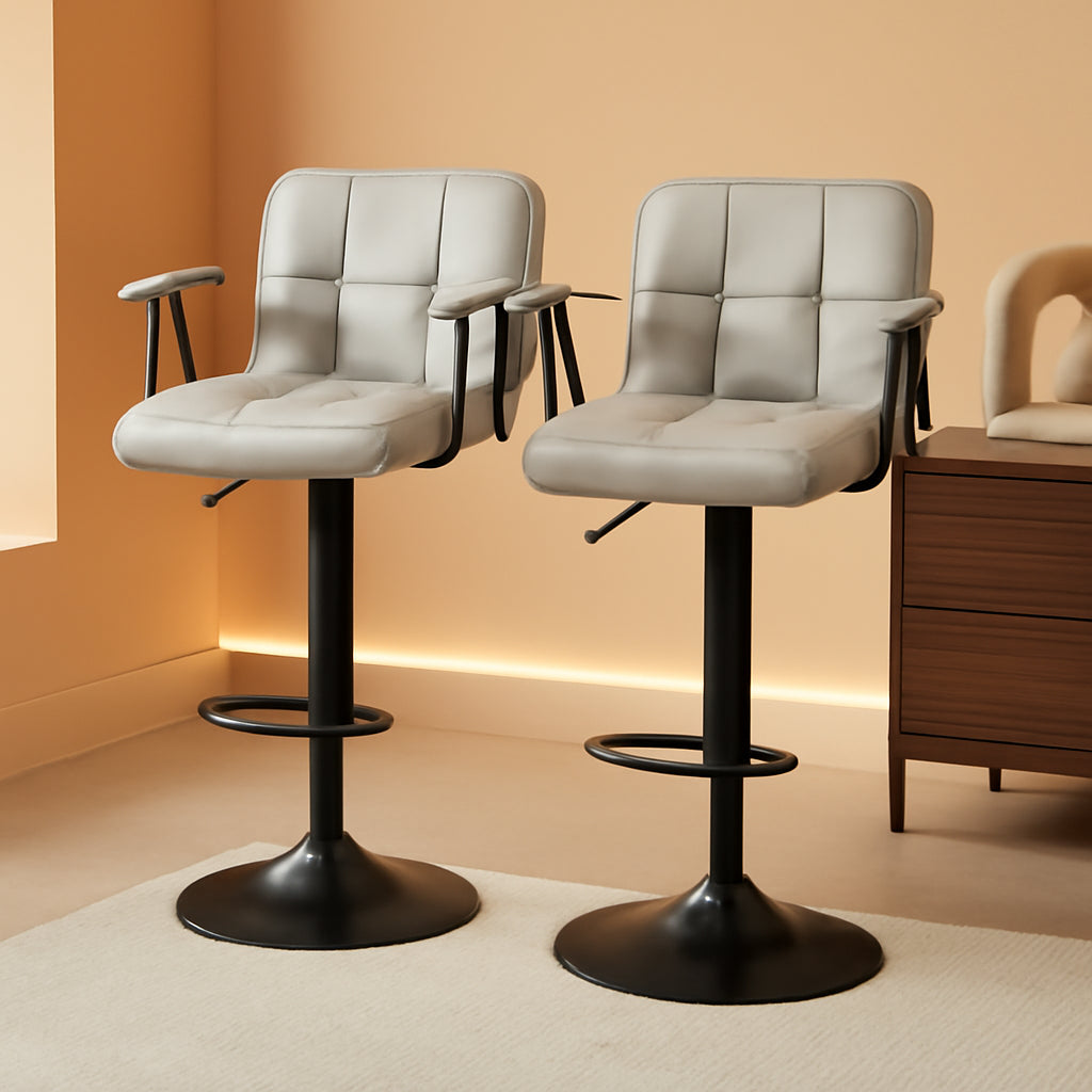 Bar Stools 2 Adjustable Swivel With Back Grey PU Leather-0