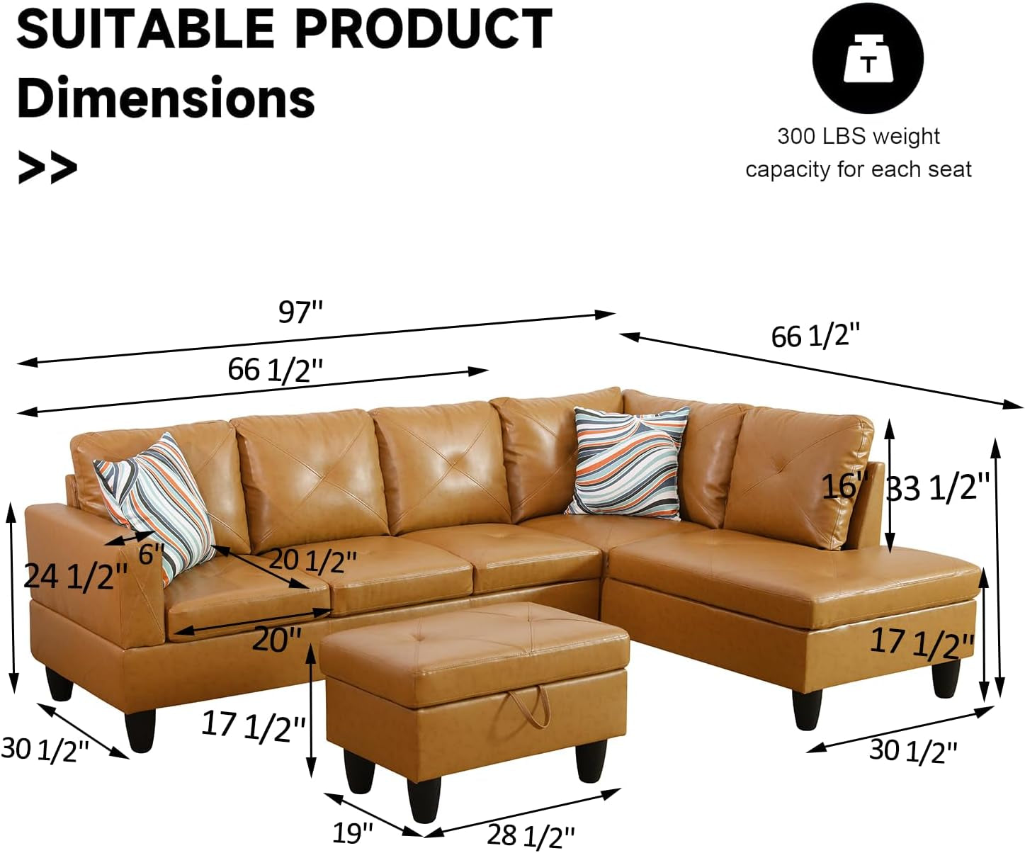 Leather Sectional Sofa Couch,L-Shape Sofa Sectional Couch Set with Storage Ottoman for Living Room/Apartment/Office(Ginger，Facing Right Chaise)-1
