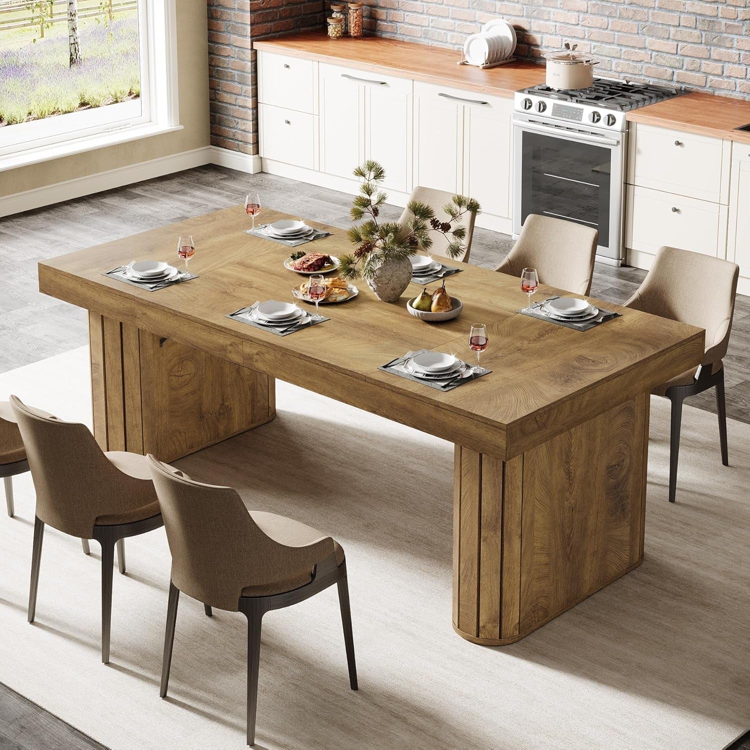 Brown Farmhouse Dining Table With Reinforced Pedestal-2