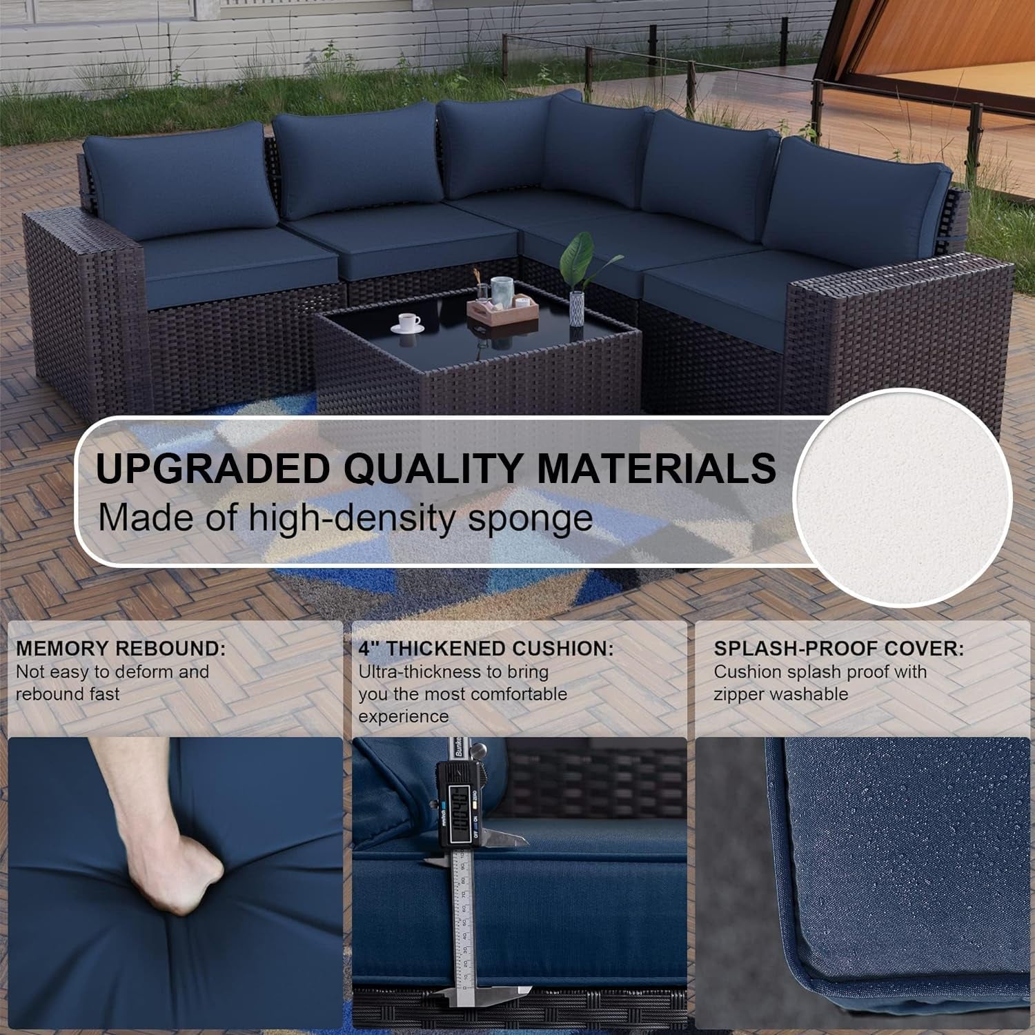 Navy Blue 6 Piece Outdoor Patio Sectional Sofa Set With PE Rattan-2