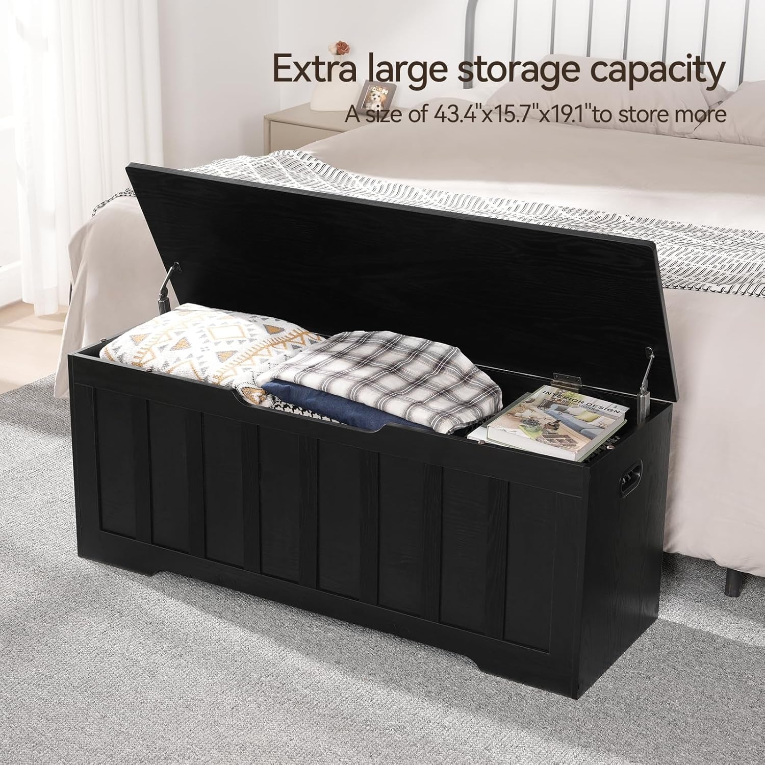 Black 47.2 Inches SolidWood Oversized Storage Bench-3