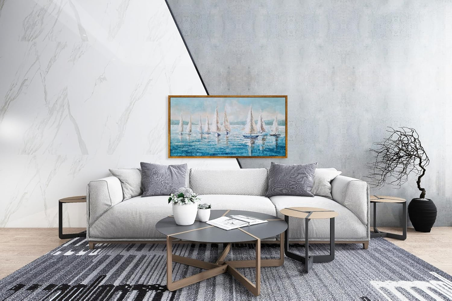 Sailing Ship Canvas Wall Art Textured Midnight Blue Hue-3