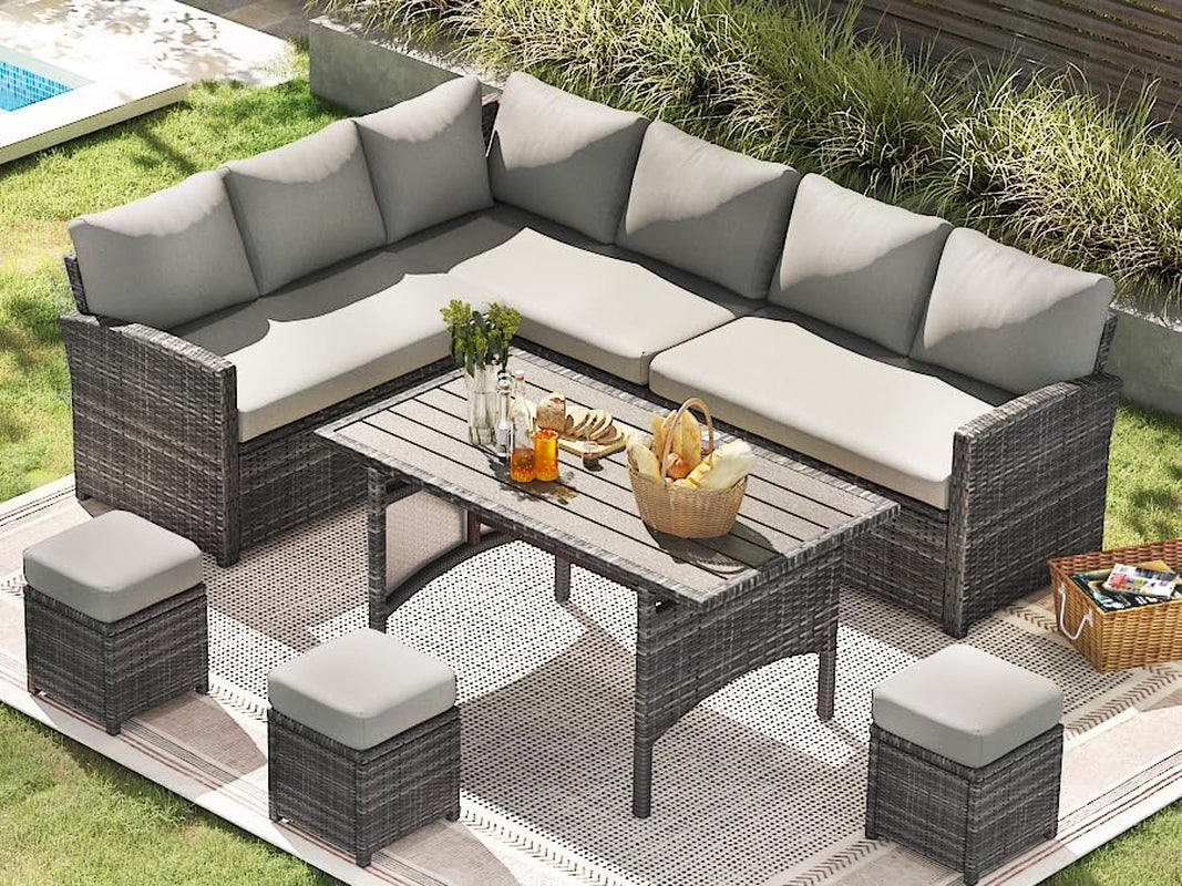 7 Piece Outdoor Patio Sectional Set All Weather Wicker Grey Cushions-1