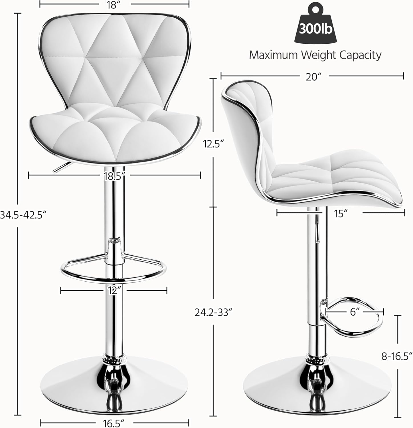 Bar Stools Set Of 2 White PU Leather Adjustable Swivel-2