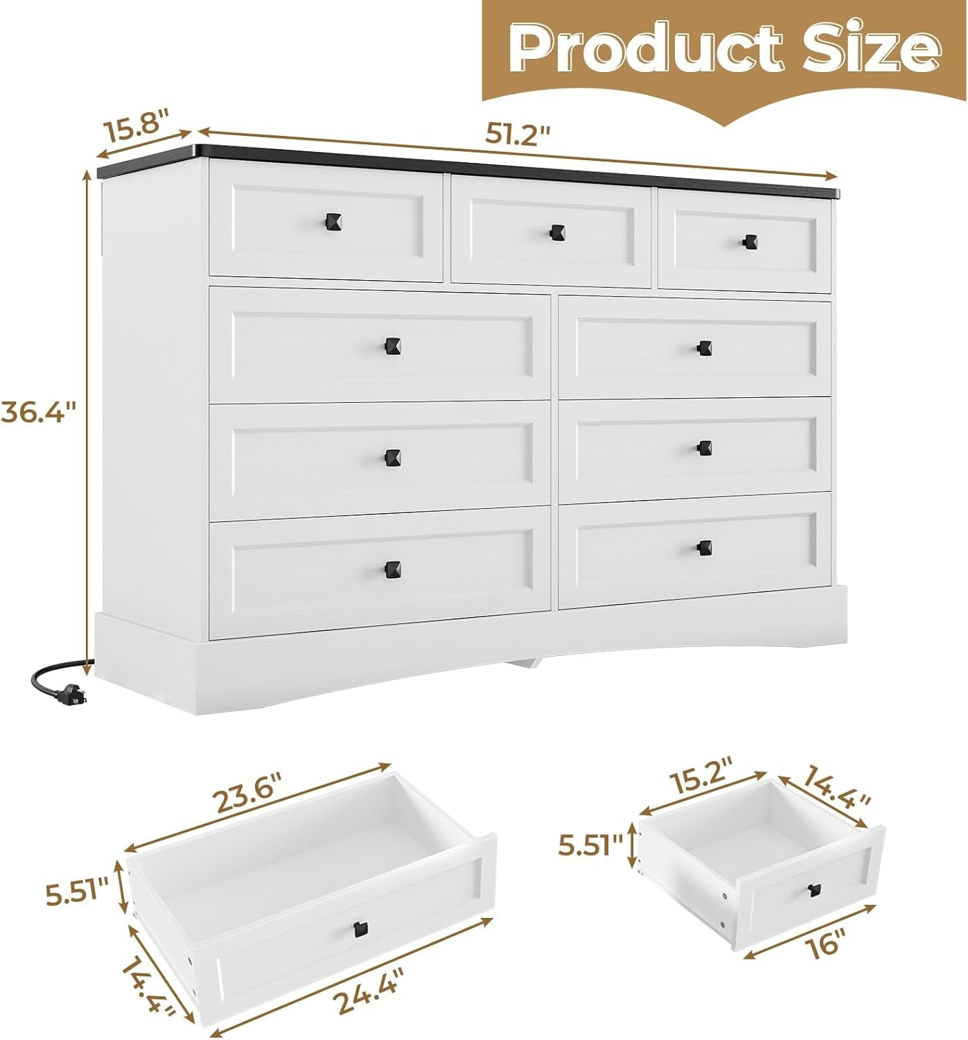 Dresser for Bedroom with 9 Drawers, 51.2" Large Dresser with Charging Station, Wide Farmhouse Dresser Chest of Drawers, Wooden Storage Tower Organizer, Dresser for Bedroom Closet, White/Black-1