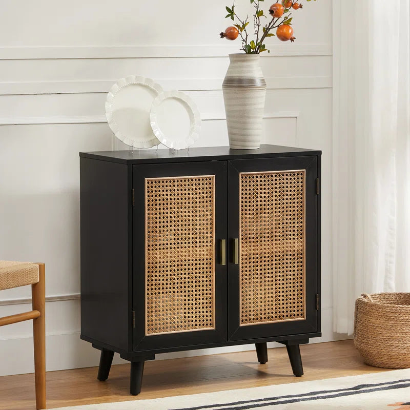 RattanWeave Doorway Accent Cabinet With Solid Wood Legs-2