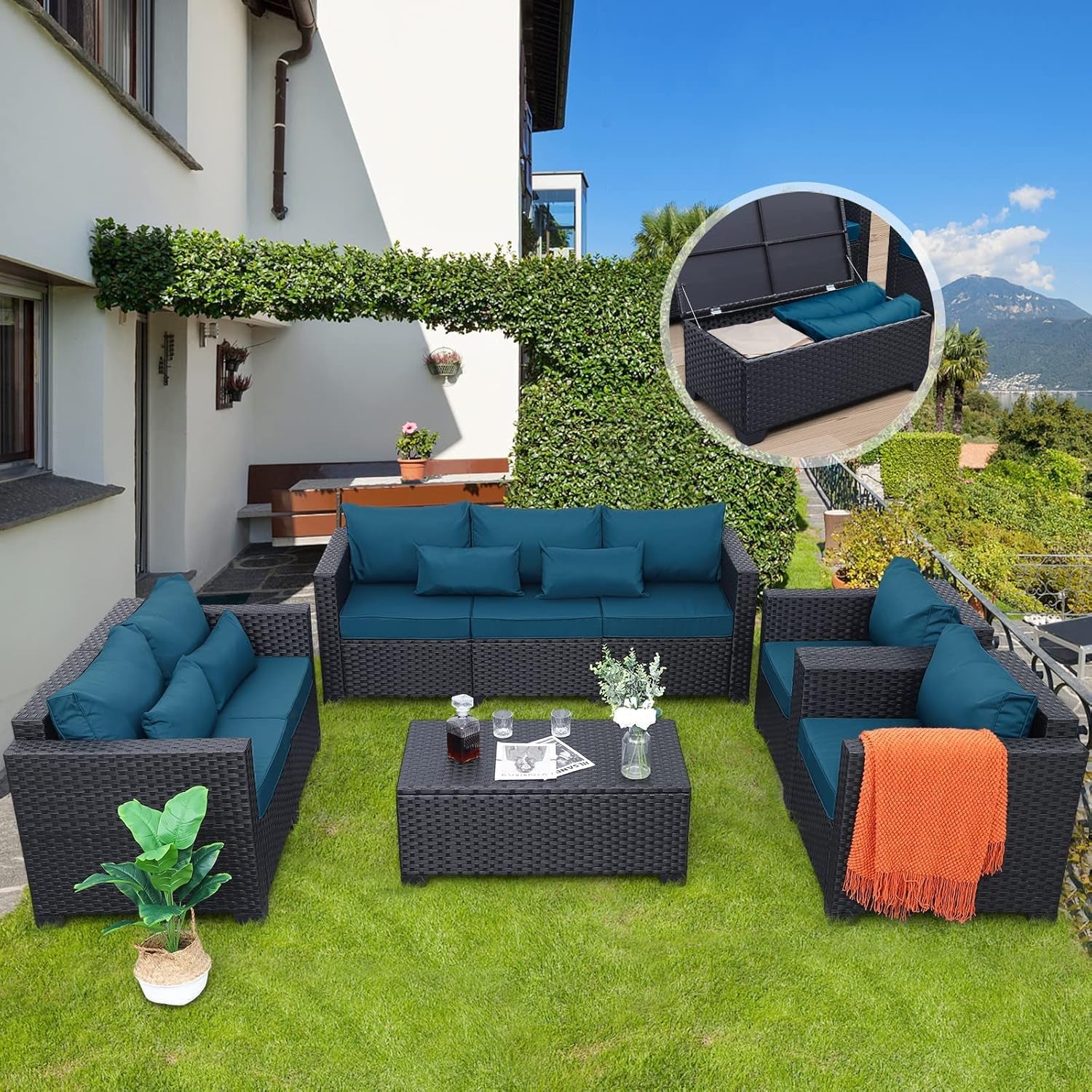 Peacock Blue 5 Piece Patio Furniture Set With Anti Slip Cushions And Covers-1