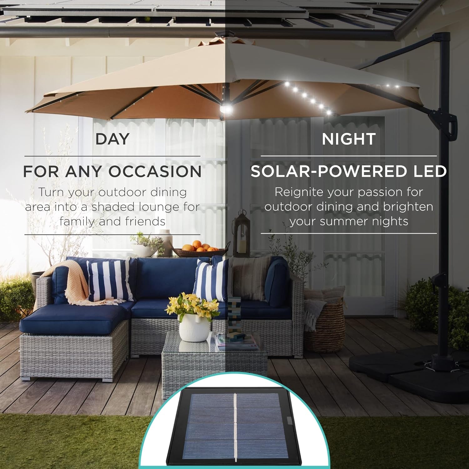 10 Foot Solar LED Cantilever Patio Umbrella With Lights Cross Base For Outdoor Use-2