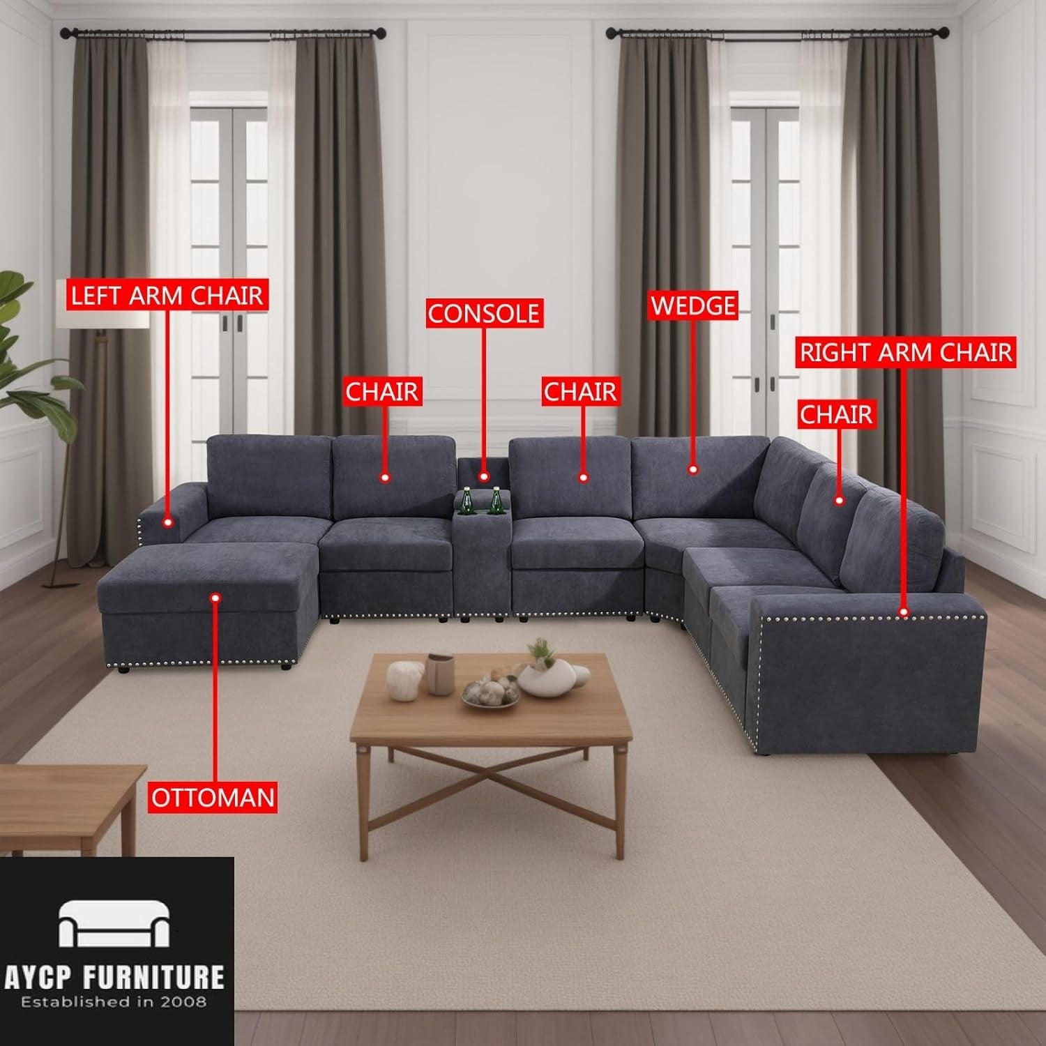 Flannel Modular Sectional Sofa With USB Ports Grey-2