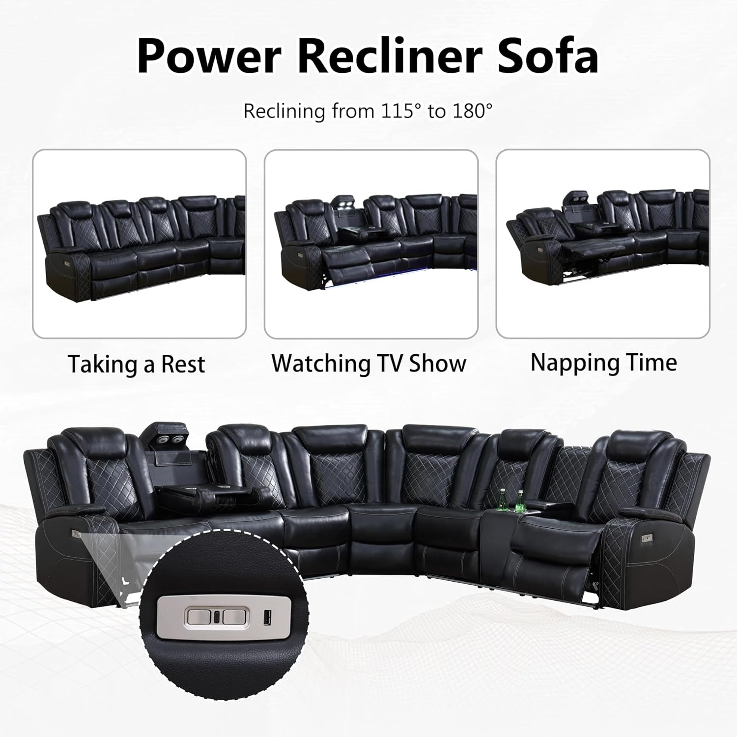 Leather Power Recliner Sectional Sofa with USB Charging-3