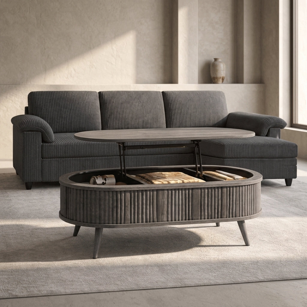 3-Seat L-Shaped Corduroy Sectional Sofa with Lift-Top Oval Coffee Table Set, Gray-2