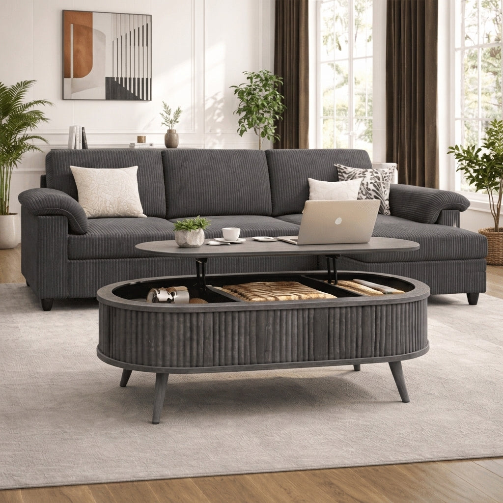 3-Seat L-Shaped Corduroy Sectional Sofa with Lift-Top Oval Coffee Table Set, Gray-1