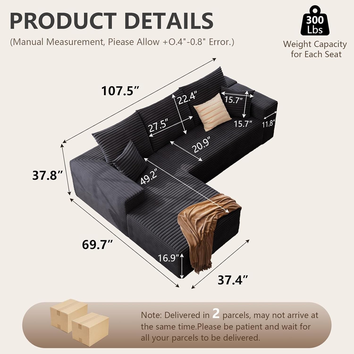 Modern 107 Inch Cloud Sectional Couch with Chaise-1