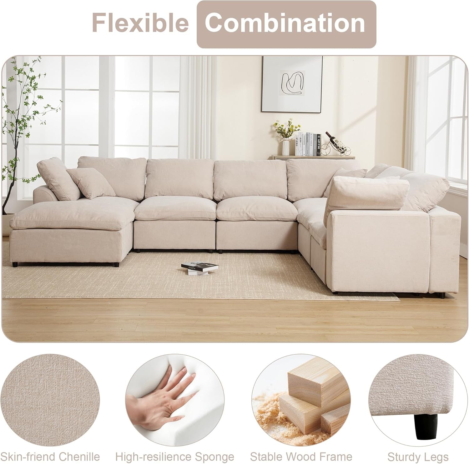 Oversized U Shaped Modular Sectional Sofa with Ottoman-4