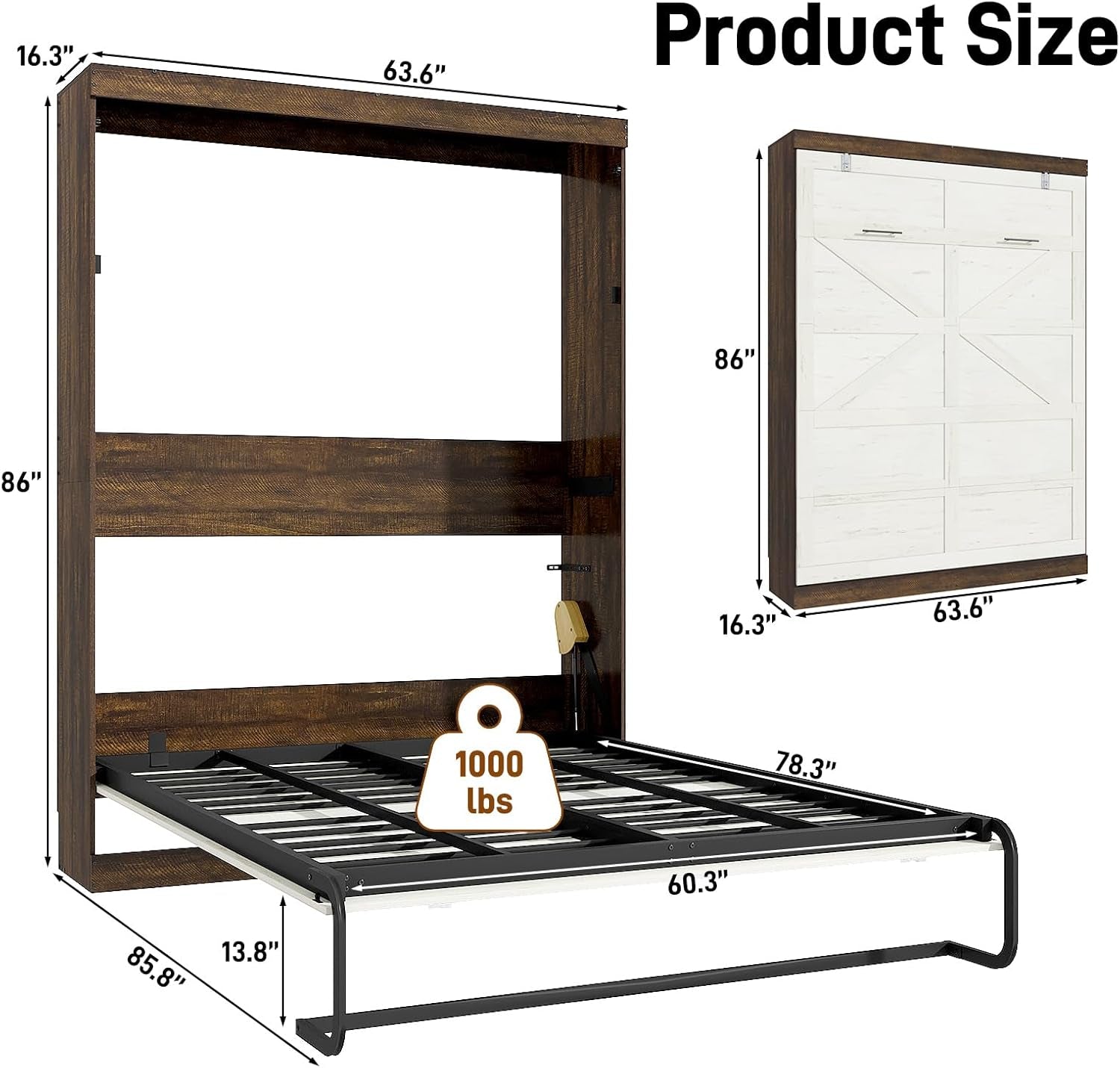 Queen Size Murphy Bed with 2 LED Lights, Farmhouse Wood Hidden Foldable Wall Bed Frame W/Gas Struts, Storage Bed Cabinet for Bedroom, Office, Space-Saving, No Box Spring Needed, Rustic White-2