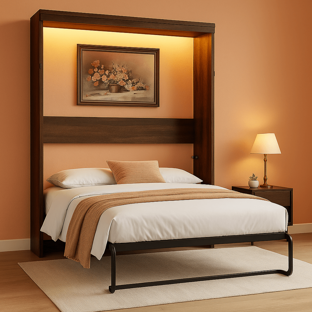 Queen Size Murphy Bed with 2 LED Lights, Farmhouse Wood Hidden Foldable Wall Bed Frame W/Gas Struts, Storage Bed Cabinet for Bedroom, Office, Space-Saving, No Box Spring Needed, Rustic White-0