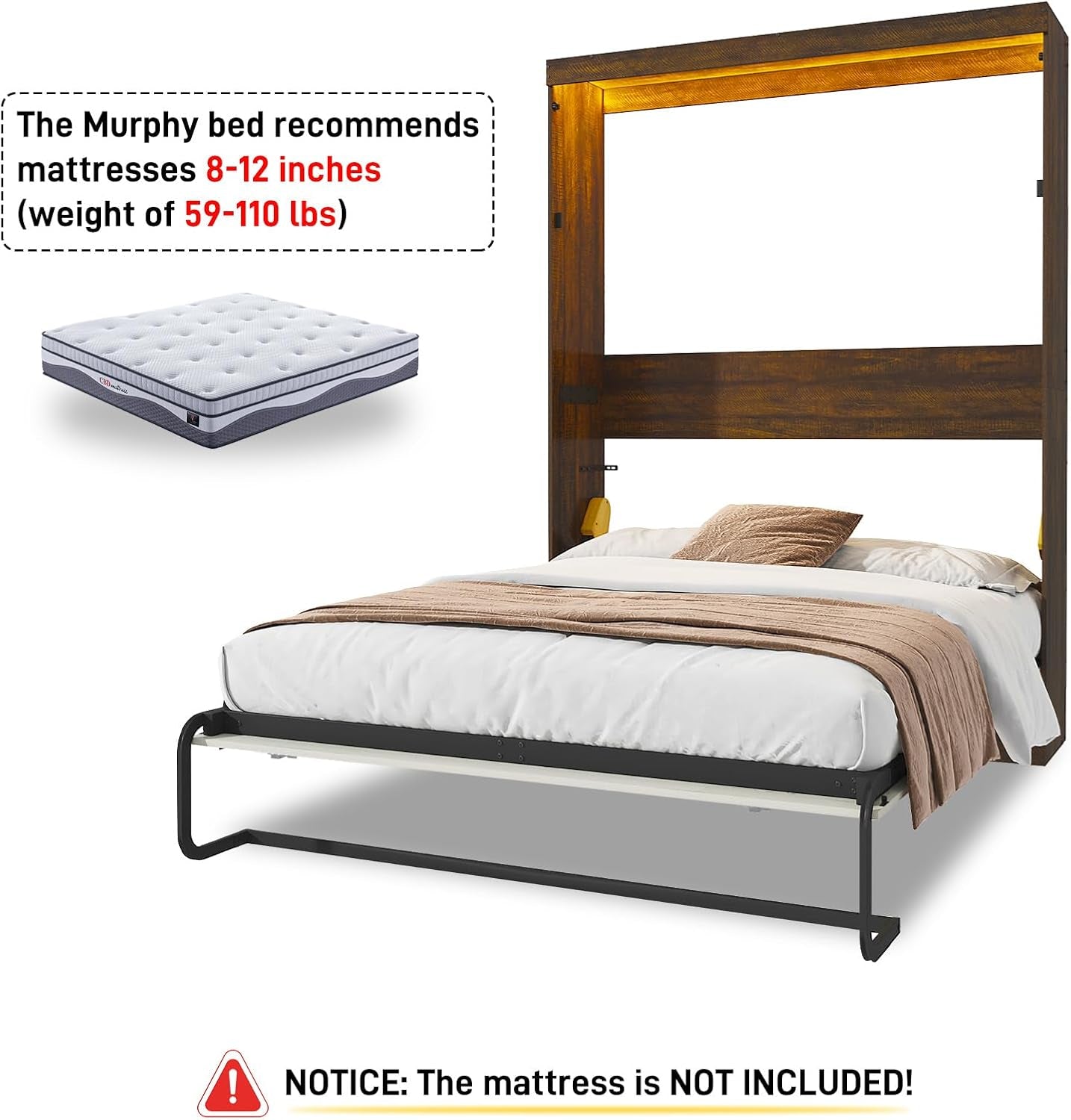 Queen Size Murphy Bed with 2 LED Lights, Farmhouse Wood Hidden Foldable Wall Bed Frame W/Gas Struts, Storage Bed Cabinet for Bedroom, Office, Space-Saving, No Box Spring Needed, Rustic White-4