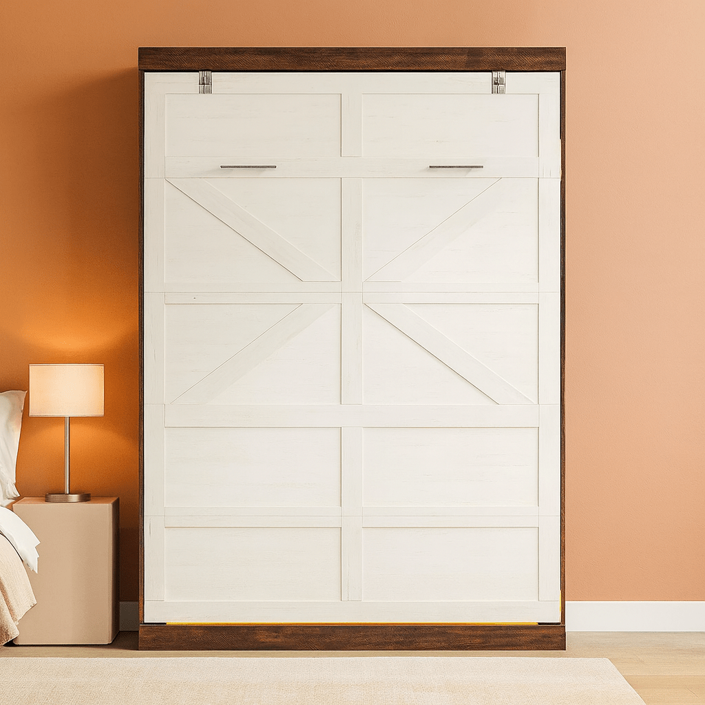 Queen Size Murphy Bed with 2 LED Lights, Farmhouse Wood Hidden Foldable Wall Bed Frame W/Gas Struts, Storage Bed Cabinet for Bedroom, Office, Space-Saving, No Box Spring Needed, Rustic White-1