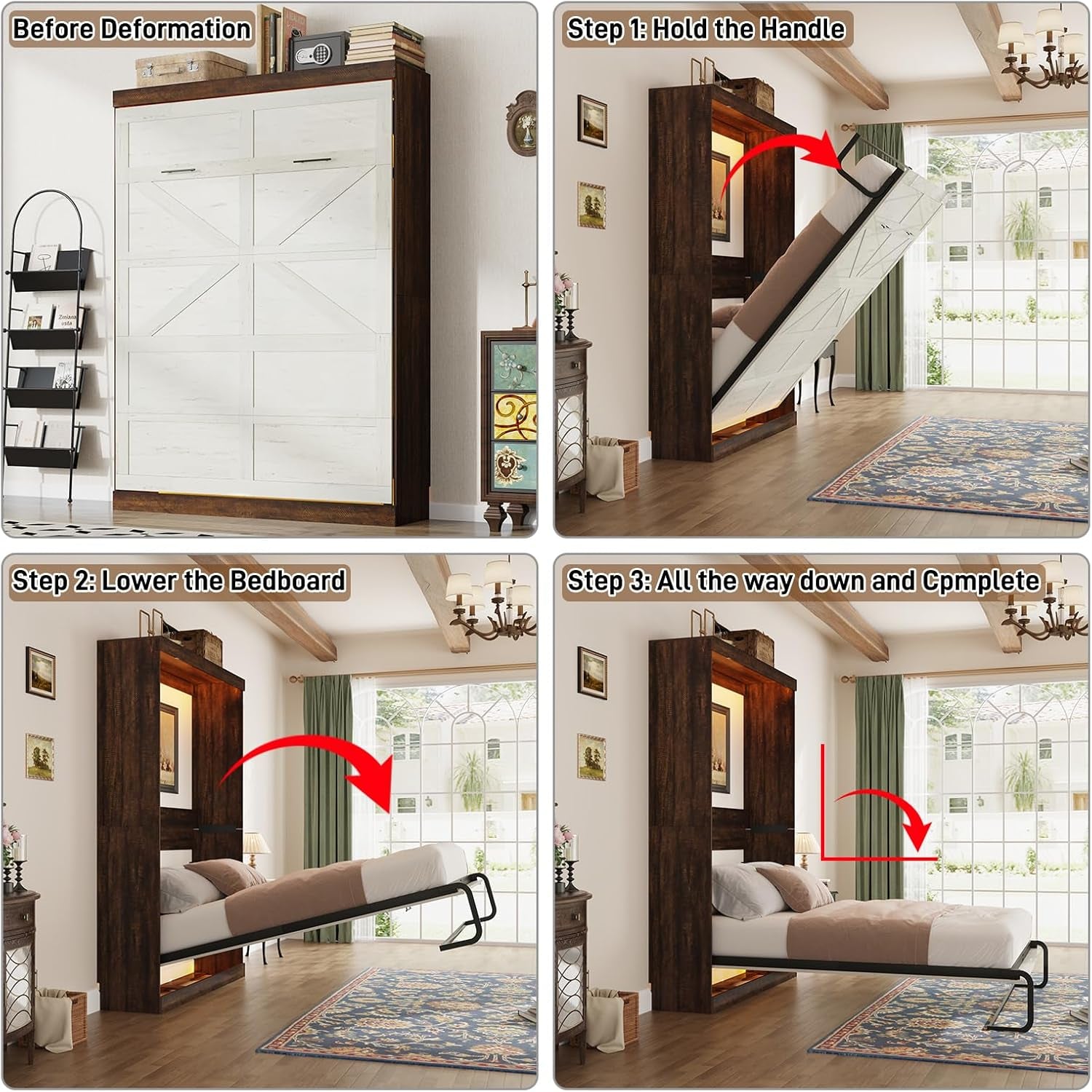 Queen Size Murphy Bed with 2 LED Lights, Farmhouse Wood Hidden Foldable Wall Bed Frame W/Gas Struts, Storage Bed Cabinet for Bedroom, Office, Space-Saving, No Box Spring Needed, Rustic White-3