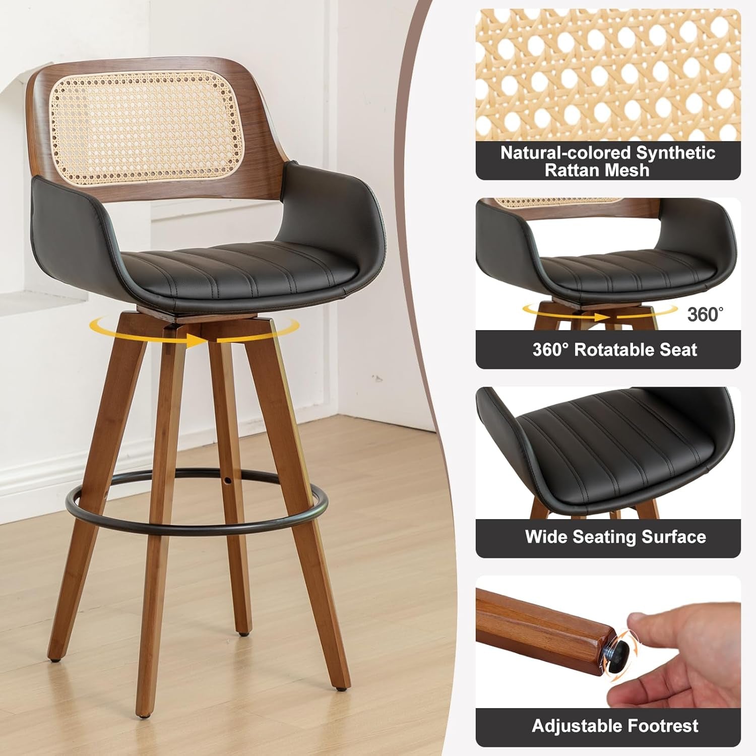 Rattan Swivel Bar Stools, Counter Height Bar Stools with Cane Back, Upholstered Seat, Faux Leather Upholstered Furniture for Island/Counter (Black, 29.7"-3 PCS)