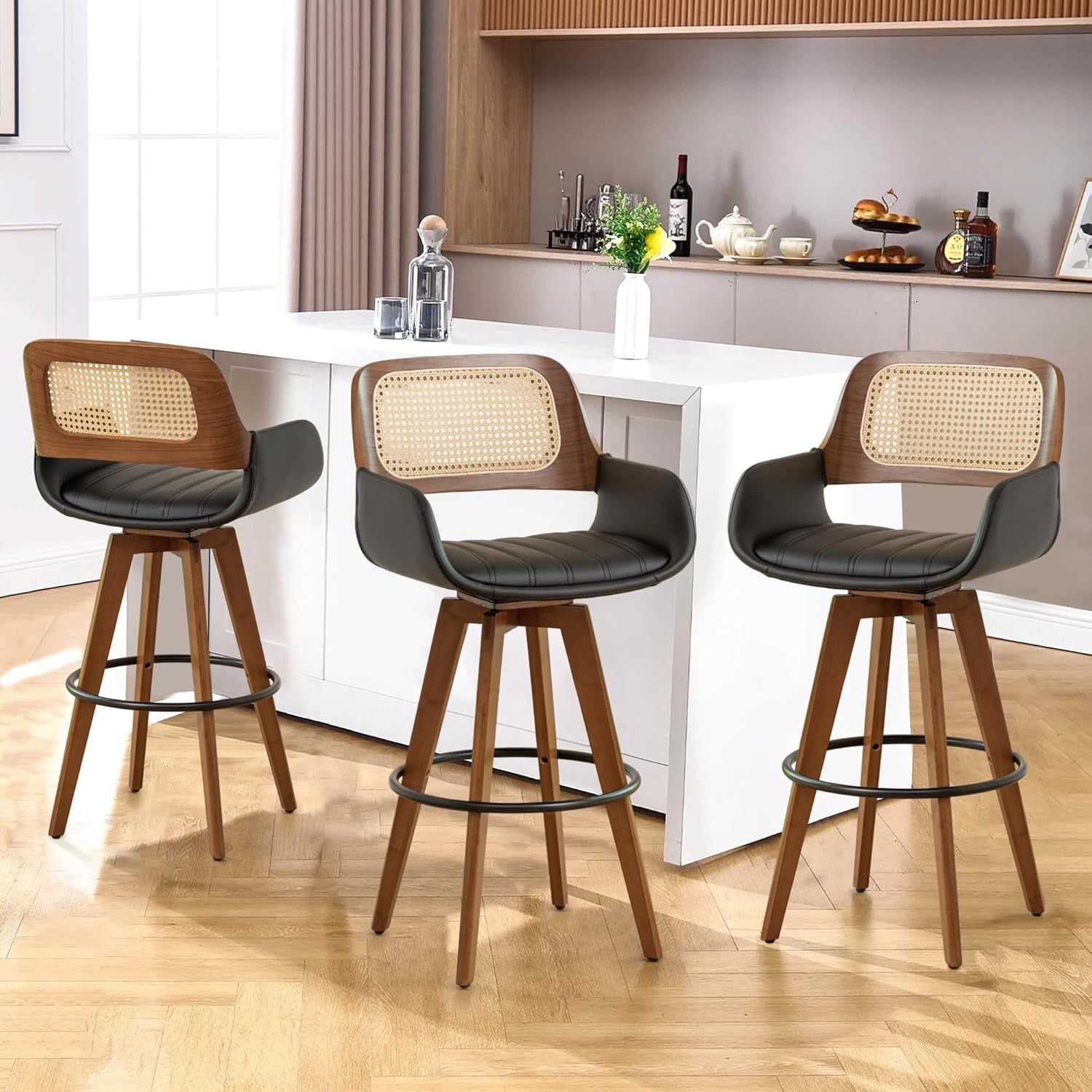Rattan Swivel Bar Stools, Counter Height Bar Stools with Cane Back, Upholstered Seat, Faux Leather Upholstered Furniture for Island/Counter (Black, 29.7"-3 PCS)