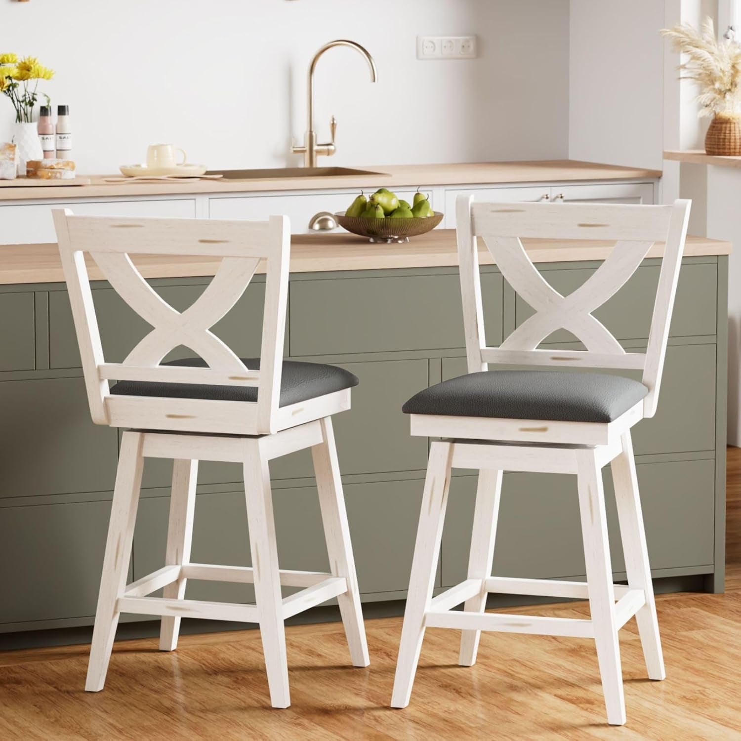 Swivel Bar Stools Set of 2, Swivel Barstools with Solid Footrest & Faux Leather Upholstered Seat, Island Chairs with Back for Kitchen, Dining Room (Antique White) (24-Inch)-0