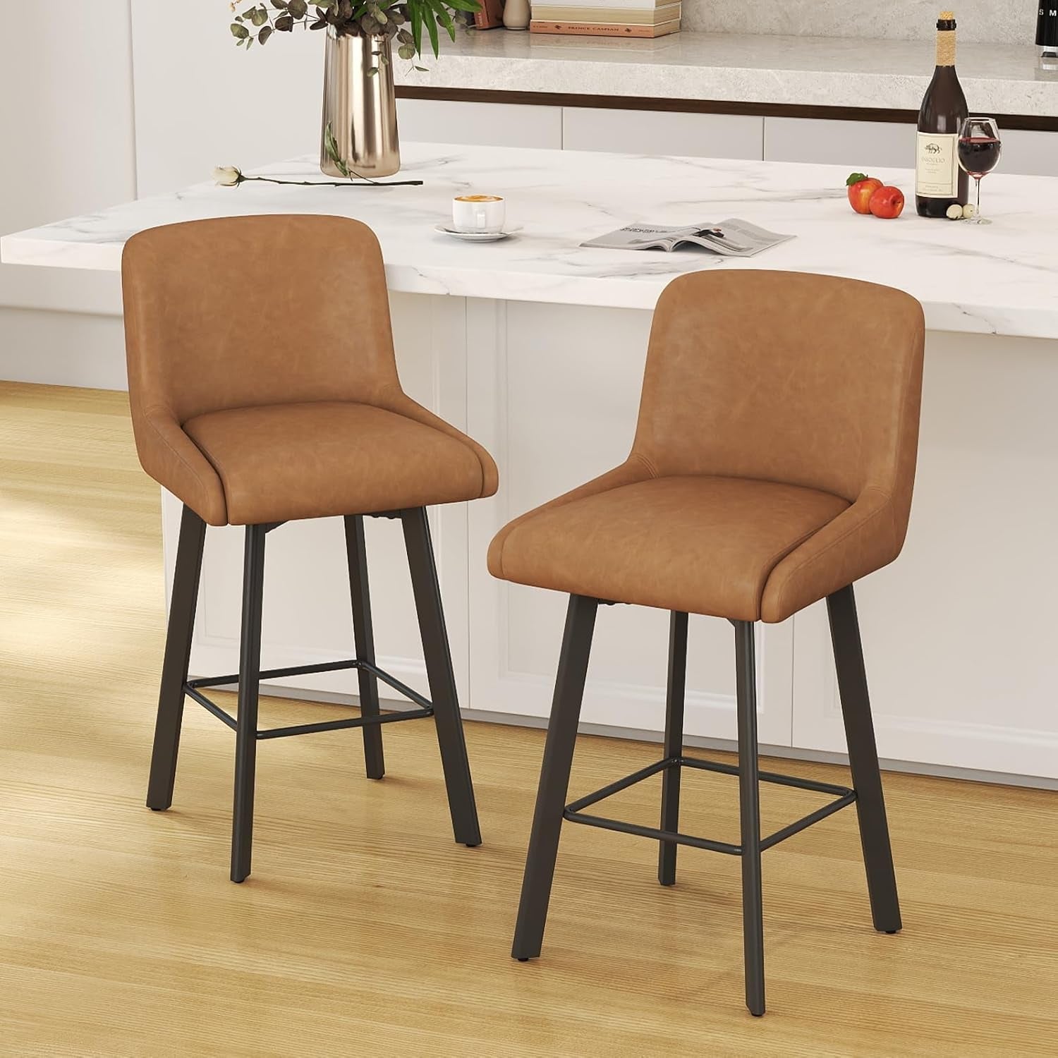 Swivel Counter Height Bar Stools Set of 2, 26''H Upholstered Barstools with Backs, Modern Bar Stool Chairs for Kitchen Island, Metal Legs, Faux Leather, Whiskey Brown Stools Counter Chair-0