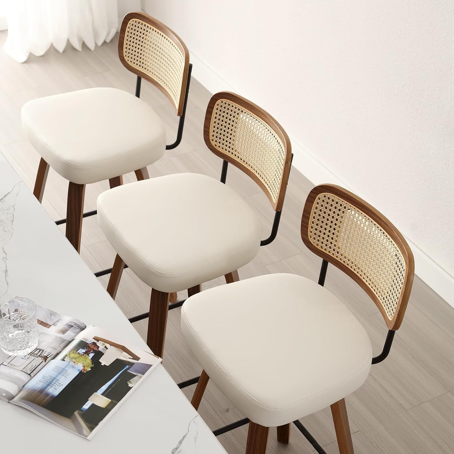 Swivel Counter Height Bar Stools Set of 2, Upholstered Faux Leather Barstools with Rattan Back, 26" Seat Height Bar Chairs for Kitchen Island, Bentwood Wood Frame, Cream White