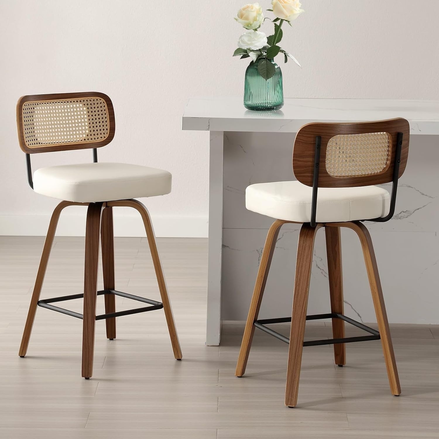 Swivel Counter Height Bar Stools Set of 2, Upholstered Faux Leather Barstools with Rattan Back, 26" Seat Height Bar Chairs for Kitchen Island, Bentwood Wood Frame, Cream White