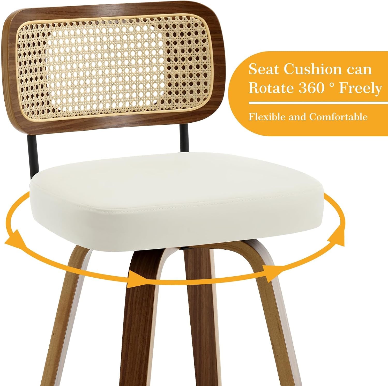 Swivel Counter Height Bar Stools Set of 2, Upholstered Faux Leather Barstools with Rattan Back, 26" Seat Height Bar Chairs for Kitchen Island, Bentwood Wood Frame, Cream White