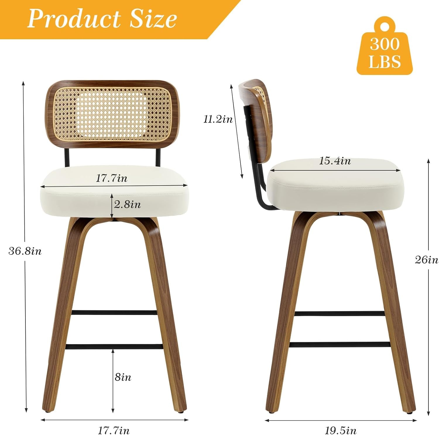 Swivel Counter Height Bar Stools Set of 2, Upholstered Faux Leather Barstools with Rattan Back, 26" Seat Height Bar Chairs for Kitchen Island, Bentwood Wood Frame, Cream White