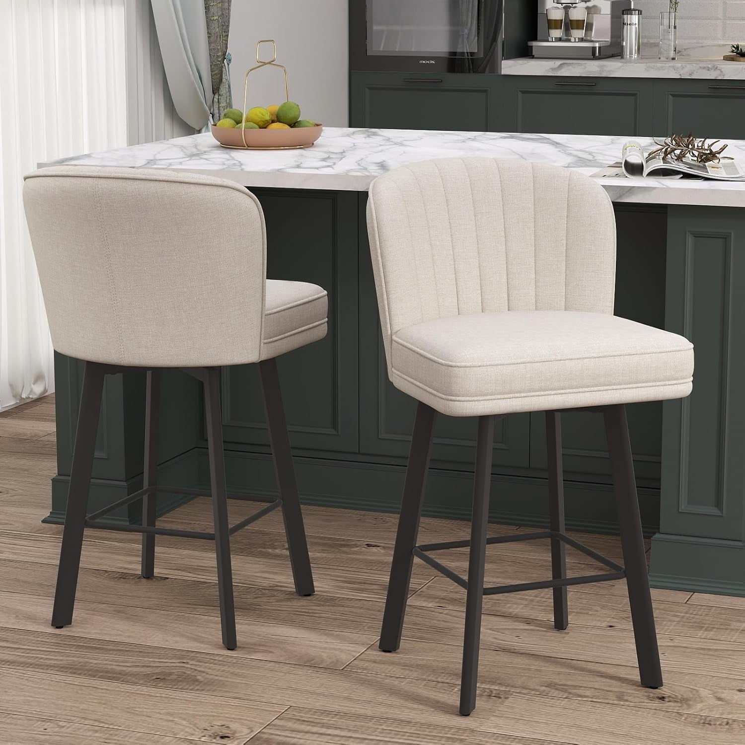 Swivel Counter Height Bar Stools Set of 3, 26'' Modern Barstools with Backs and Metal Legs, Upholstered Bar Chairs, Beige, Fabric Stools for Kitchen Island Chairs-4