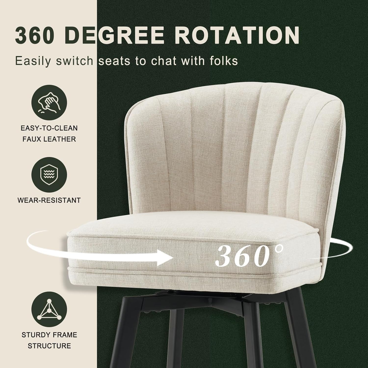 Swivel Counter Height Bar Stools Set of 3, 26'' Modern Barstools with Backs and Metal Legs, Upholstered Bar Chairs, Beige, Fabric Stools for Kitchen Island Chairs-3