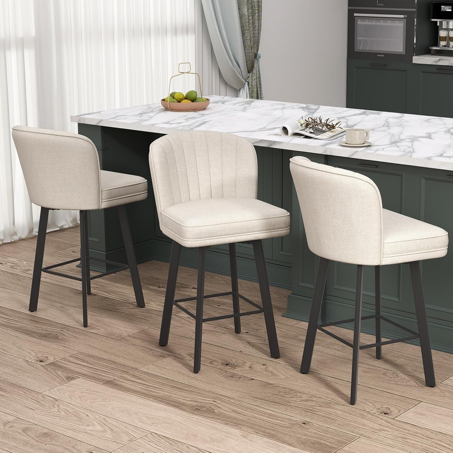 Swivel Counter Height Bar Stools Set of 3, 26'' Modern Barstools with Backs and Metal Legs, Upholstered Bar Chairs, Beige, Fabric Stools for Kitchen Island Chairs-0