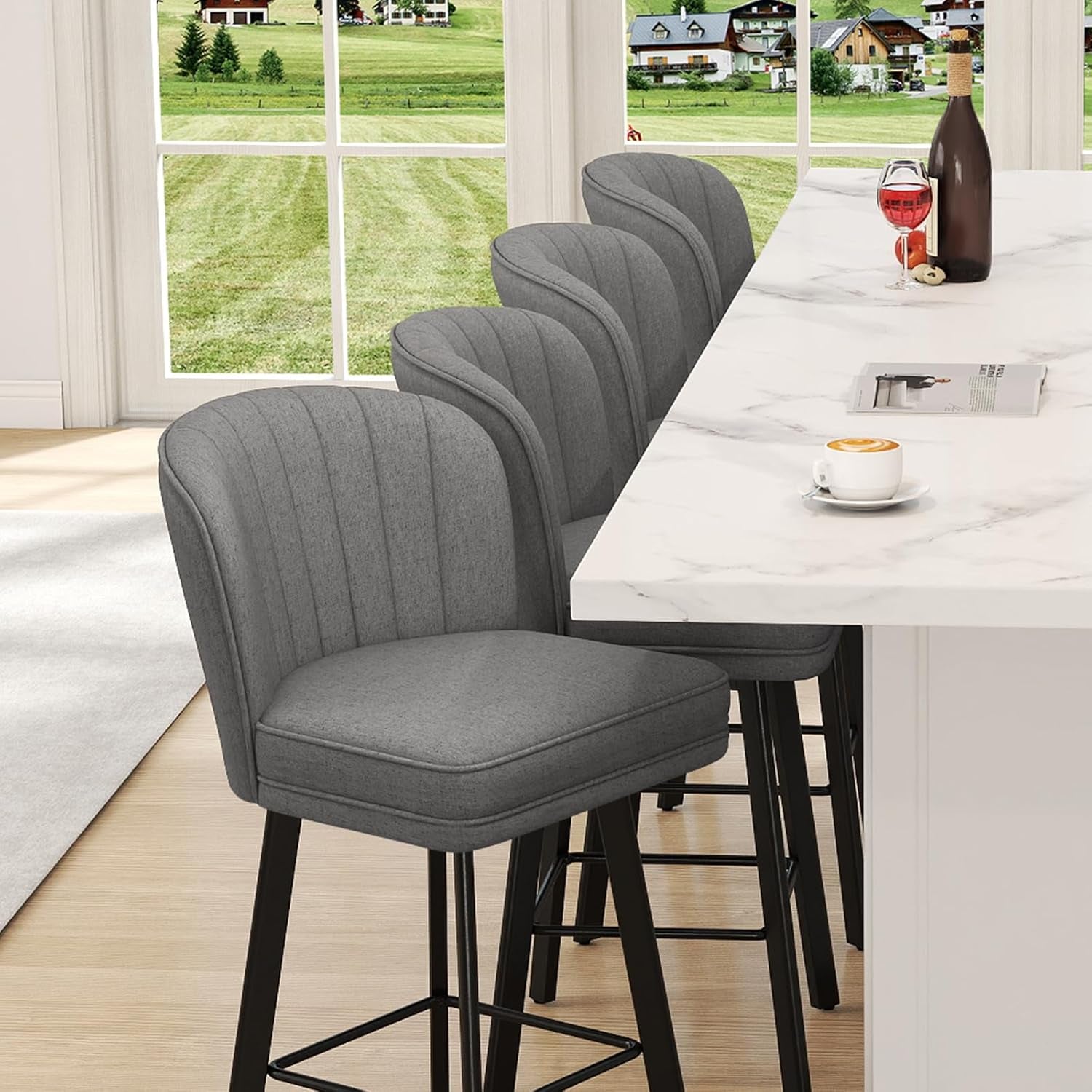 Swivel Counter Height Bar Stools Set of 3, 26'' Modern Barstools with Backs and Metal Legs, Upholstered Bar Chairs, Faux Leather Mid-Gray Stools for Kitchen Island Chairs