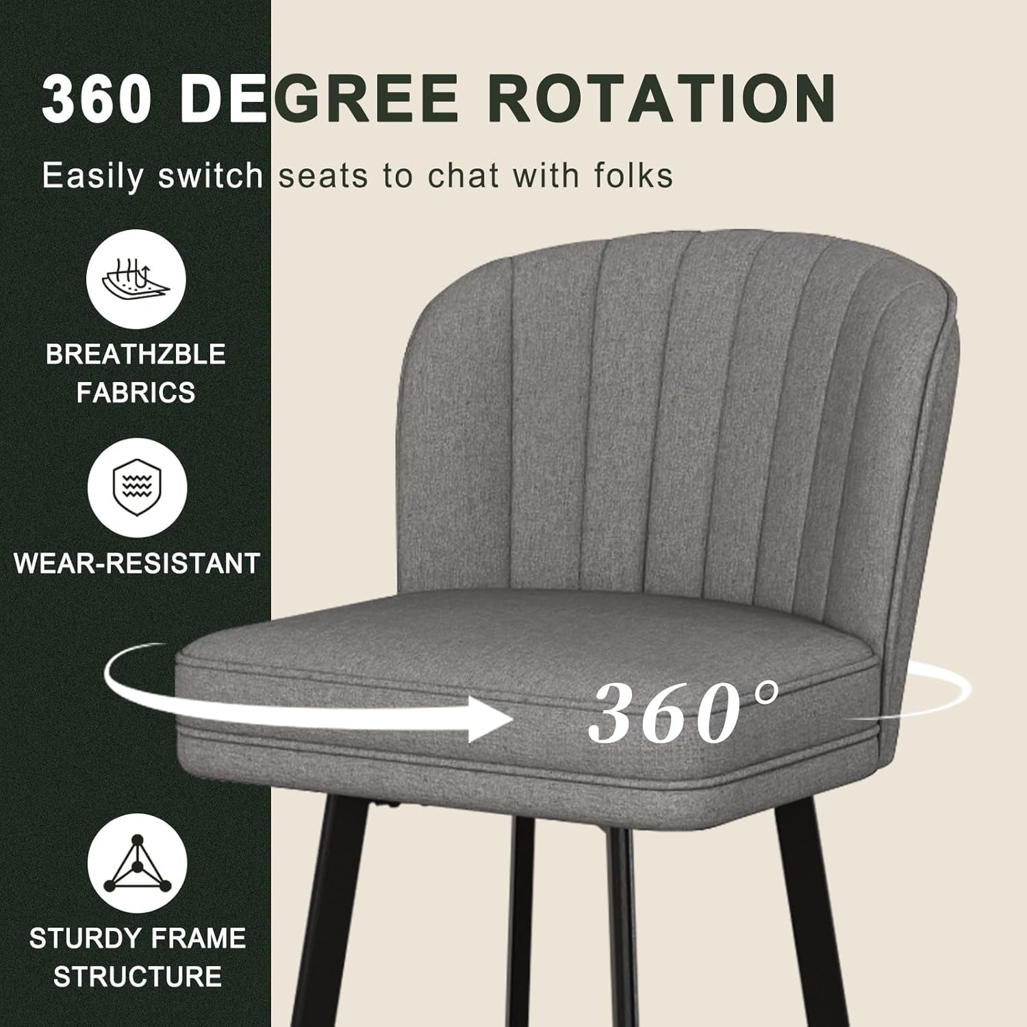 Swivel Counter Height Bar Stools Set of 3, 26'' Modern Barstools with Backs and Metal Legs, Upholstered Bar Chairs, Faux Leather Mid-Gray Stools for Kitchen Island Chairs