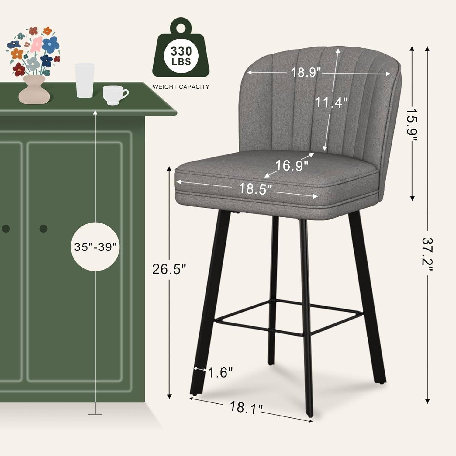 Swivel Counter Height Bar Stools Set of 3, 26'' Modern Barstools with Backs and Metal Legs, Upholstered Bar Chairs, Faux Leather Mid-Gray Stools for Kitchen Island Chairs