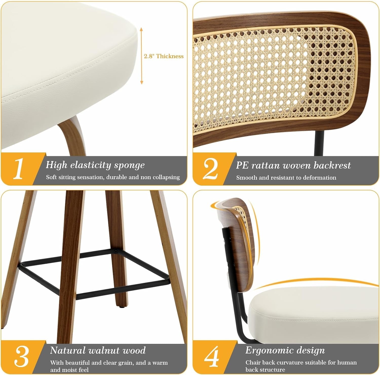 Swivel Counter Height Bar Stools Set of 4, Upholstered Faux Leather Barstools with Rattan Back, 26" Seat Height Bar Chairs for Kitchen Island, Bentwood Wood Frame, Cream White