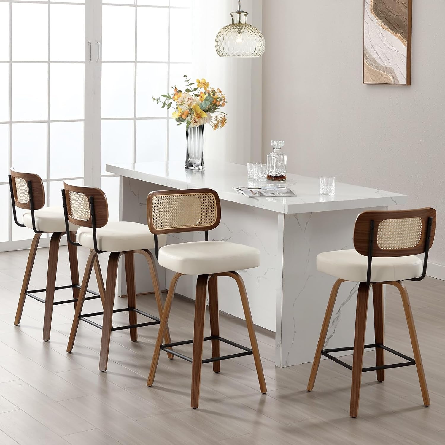 Swivel Counter Height Bar Stools Set of 4, Upholstered Faux Leather Barstools with Rattan Back, 26" Seat Height Bar Chairs for Kitchen Island, Bentwood Wood Frame, Cream White