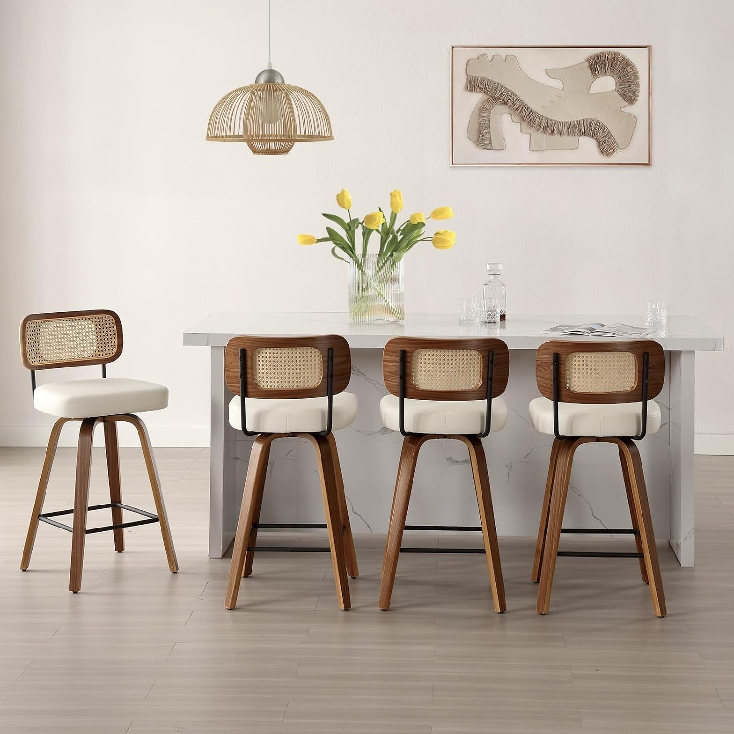 Swivel Counter Height Bar Stools Set of 4, Upholstered Faux Leather Barstools with Rattan Back, 26" Seat Height Bar Chairs for Kitchen Island, Bentwood Wood Frame, Cream White