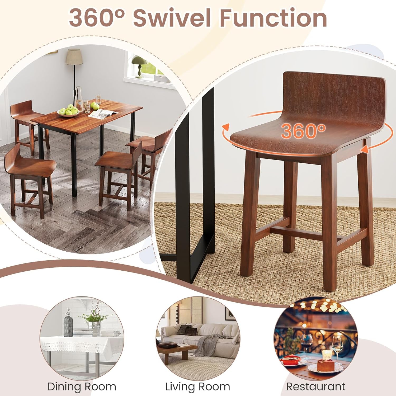 Walnut Swivel Bar Stools Set Of 4 Counter Height Kitchen-3